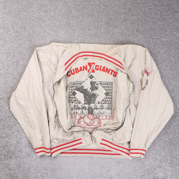 Vintage 90s Mirage Cuban Giants Baseball Large Beige Bomber Jacket - Picture 3 of 14
